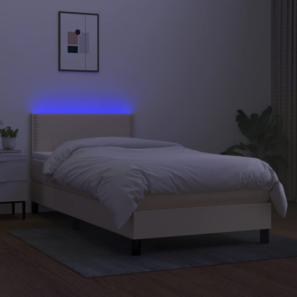 Κρεβάτι Boxspring με Στρώμα & LED Κρεμ 100x200 εκ. Υφασμάτινο