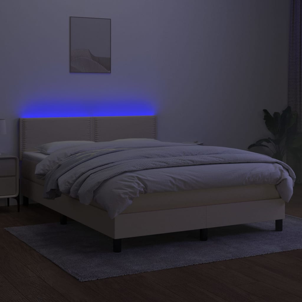Κρεβάτι Boxspring με Στρώμα & LED Κρεμ 140x190 εκ. Υφασμάτινο - Pakobazaar