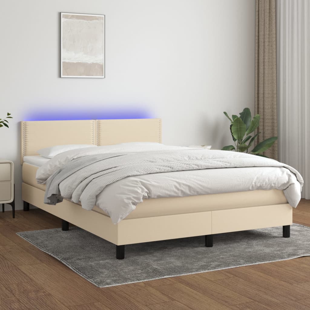 Κρεβάτι Boxspring με Στρώμα & LED Κρεμ 140x190 εκ. Υφασμάτινο - Pakobazaar