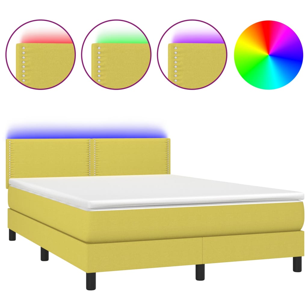 Κρεβάτι Boxspring με Στρώμα & LED Πράσινο 140x190 εκ Υφασμάτινο