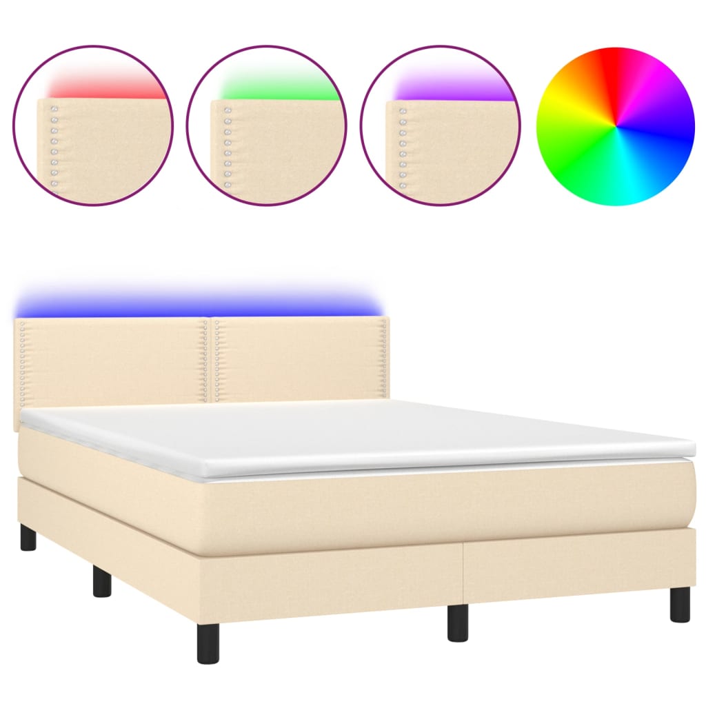 Κρεβάτι Boxspring με Στρώμα & LED Κρεμ 140x200 εκ. Υφασμάτινο