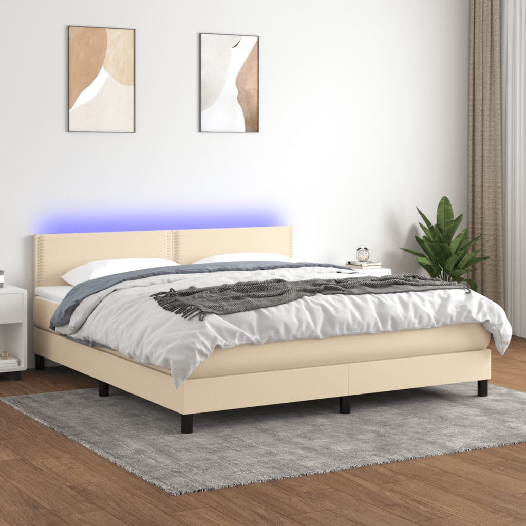 Κρεβάτι Boxspring με Στρώμα & LED Κρεμ 180x200 εκ. Υφασμάτινο