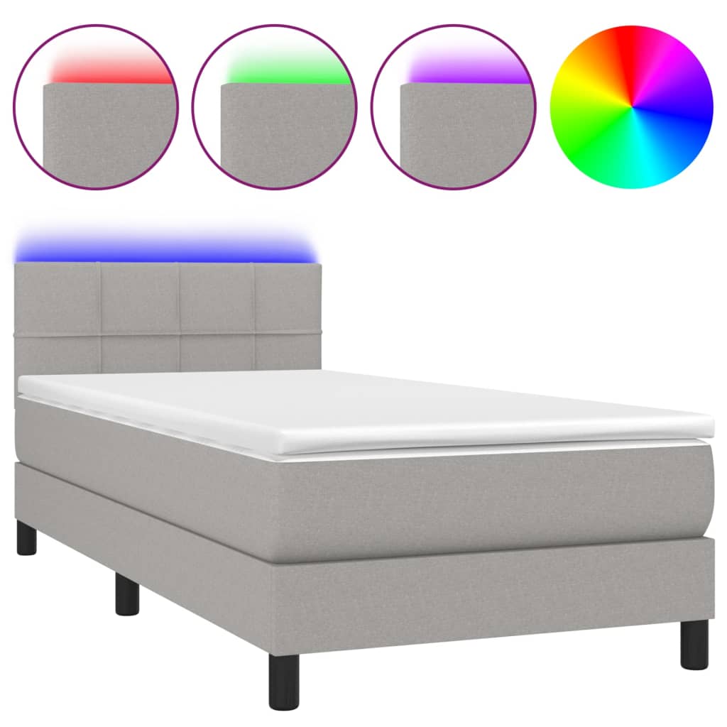 Κρεβάτι Boxspring με Στρώμα & LED Αν.Γκρι 90x190 εκ. Υφασμάτινο