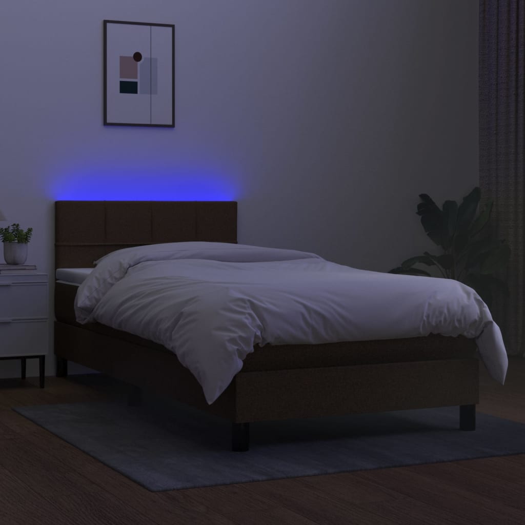 Κρεβάτι Boxspring με Στρώμα & LED Σκ.Καφέ 90x190 εκ. Υφασμάτινο