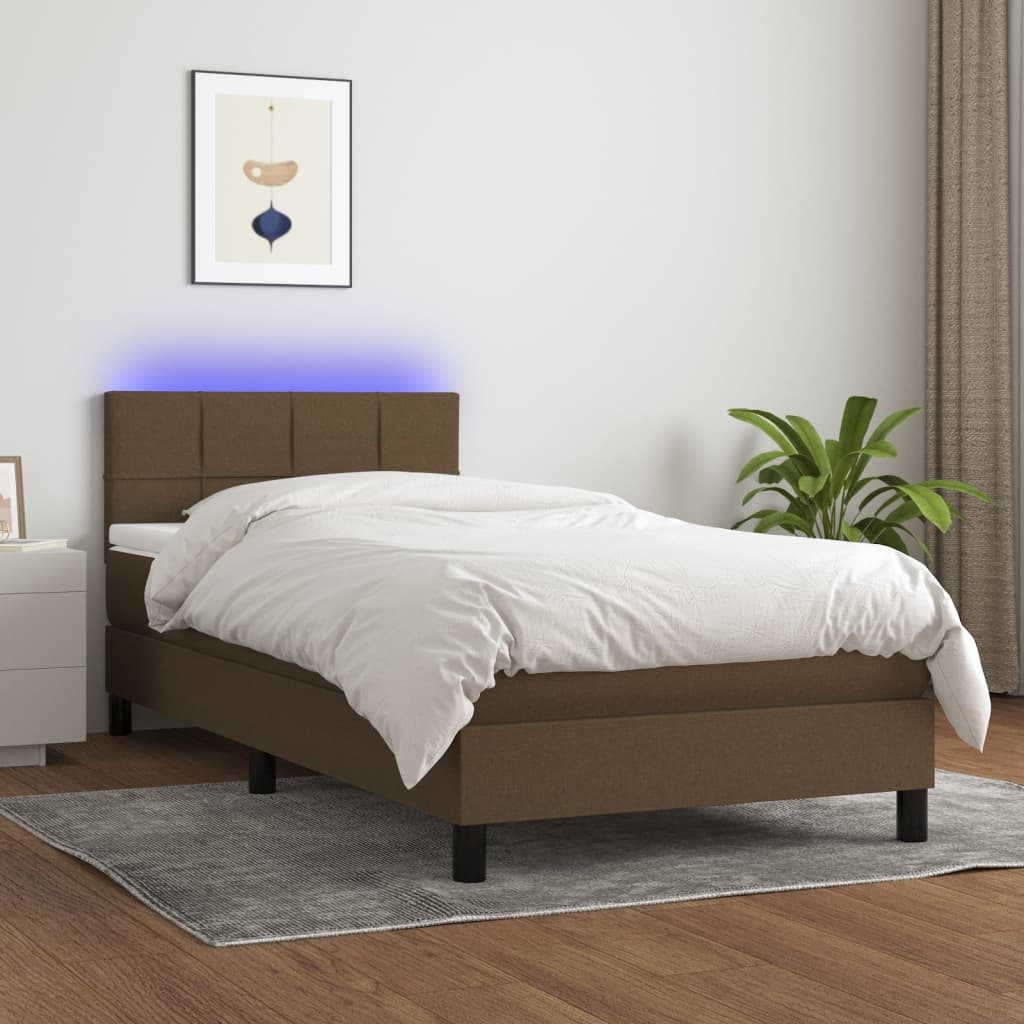Κρεβάτι Boxspring με Στρώμα & LED Σκ.Καφέ 90x200 εκ. Υφασμάτινο