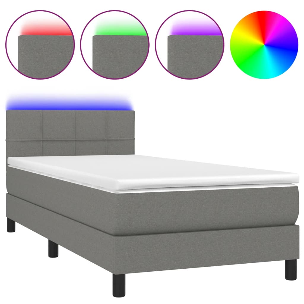 Κρεβάτι Boxspring με Στρώμα & LED Σκ.Γκρι 100x200 εκ Υφασμάτινο