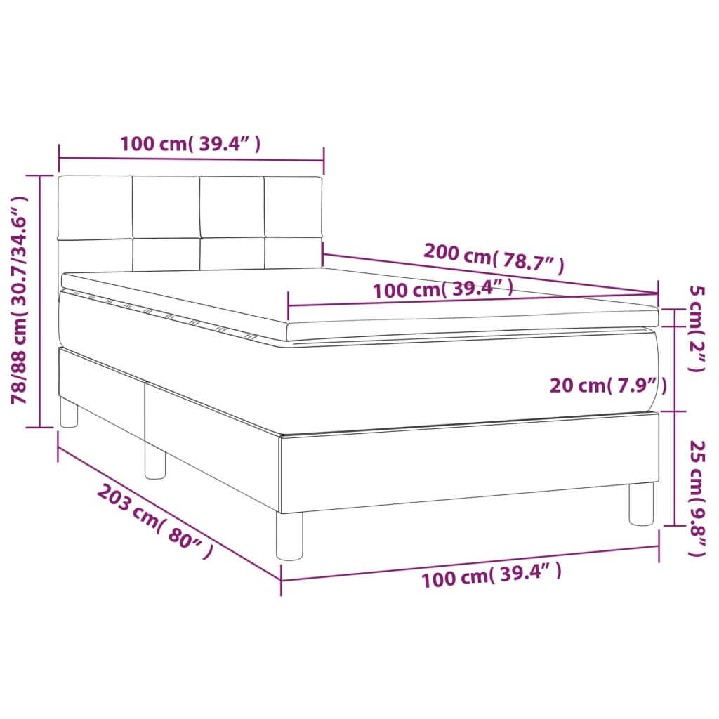 Κρεβάτι Boxspring με Στρώμα & LED Σκ.Γκρι 100x200 εκ Υφασμάτινο
