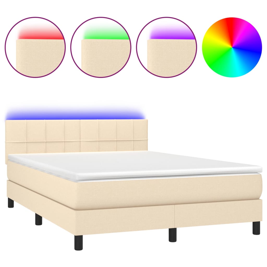 Κρεβάτι Boxspring με Στρώμα & LED Κρεμ 140x200 εκ. Υφασμάτινο