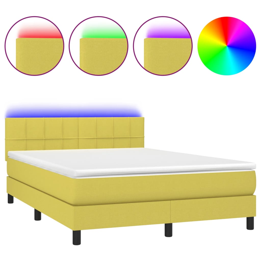 Κρεβάτι Boxspring με Στρώμα & LED Πράσινο 140x200 εκ Υφασμάτινο