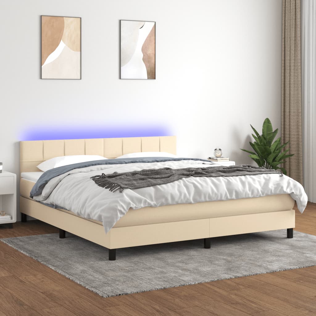 Κρεβάτι Boxspring με Στρώμα & LED Κρεμ 180x200 εκ. Υφασμάτινο