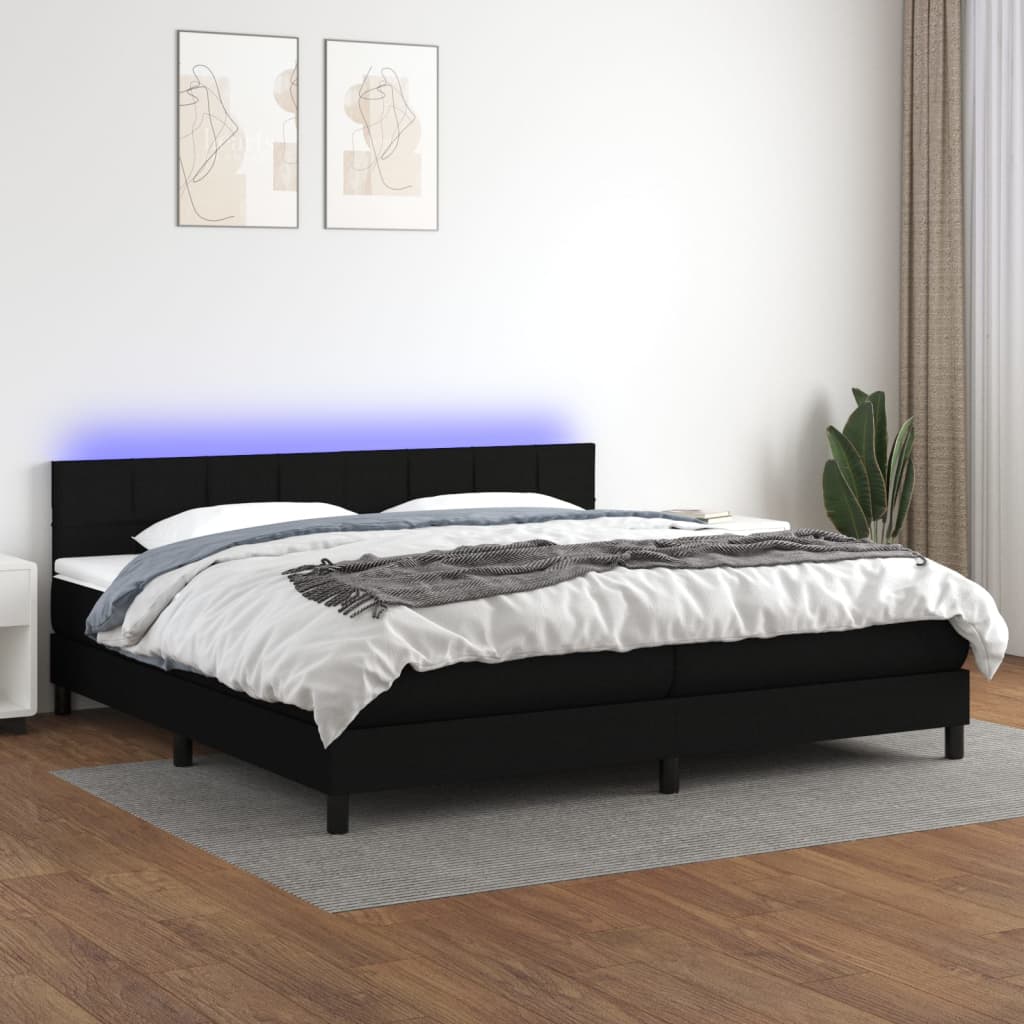 Κρεβάτι Boxspring με Στρώμα & LED Μαύρο 200x200 εκ. Υφασμάτινο - Pakobazaar