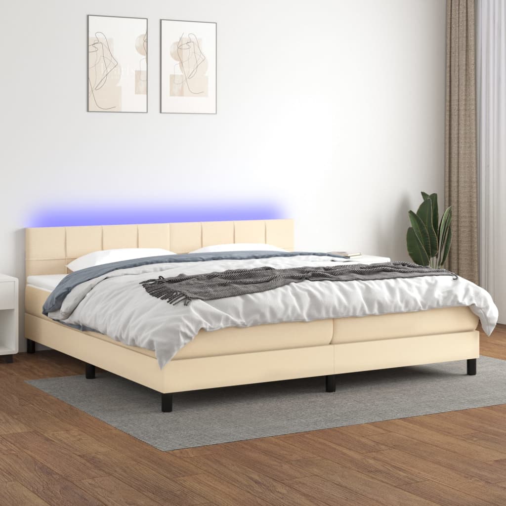 Κρεβάτι Boxspring με Στρώμα & LED Κρεμ 200x200 εκ. Υφασμάτινο