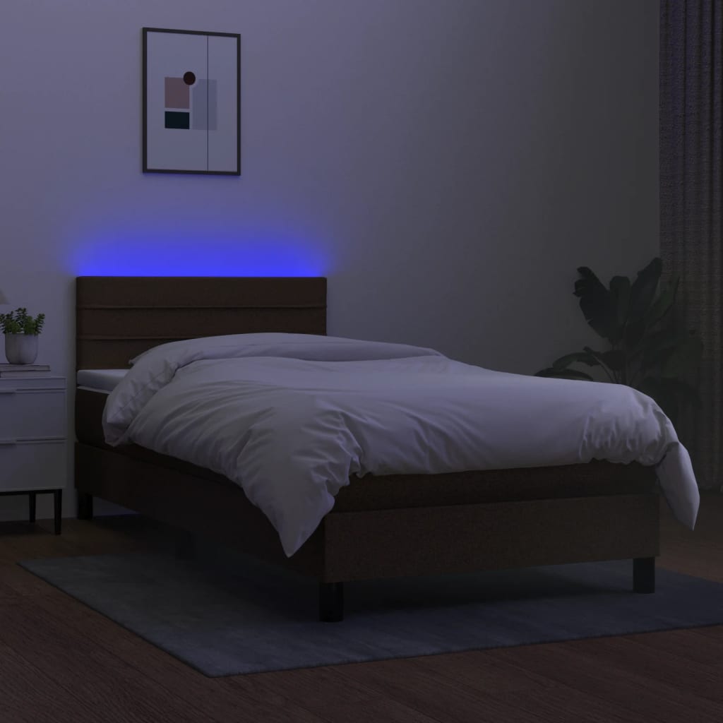 Κρεβάτι Boxspring με Στρώμα & LED Σκ.Καφέ 90x200 εκ. Υφασμάτινο