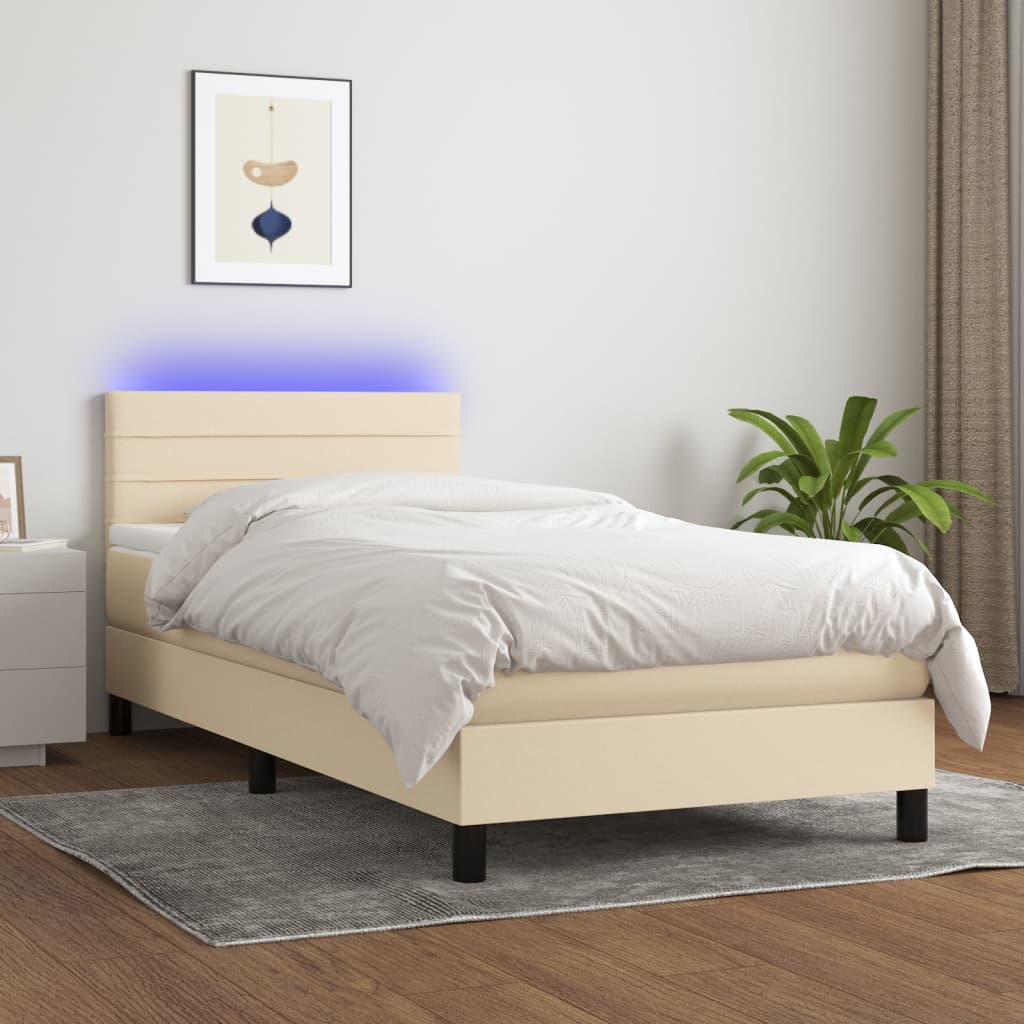 Κρεβάτι Boxspring με Στρώμα & LED Κρεμ 90x200 εκ. Υφασμάτινο