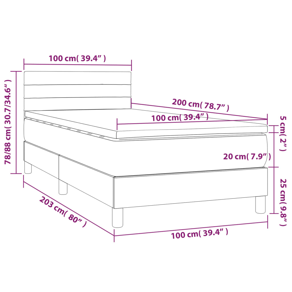 Κρεβάτι Boxspring με Στρώμα & LED Σκ.Γκρι 100x200 εκ Υφασμάτινο