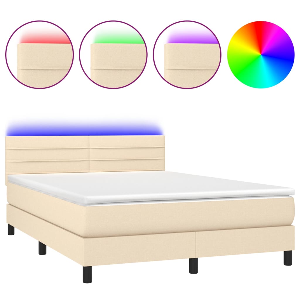 Κρεβάτι Boxspring με Στρώμα & LED Κρεμ 140x190 εκ. Υφασμάτινο - Pakobazaar