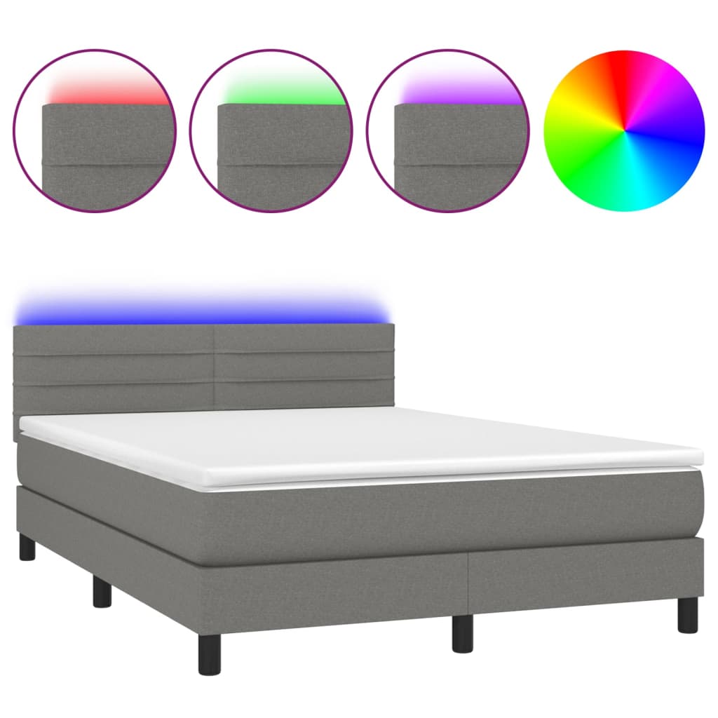 Κρεβάτι Boxspring με Στρώμα & LED Σκ.Γκρι 140x200 εκ Υφασμάτινο