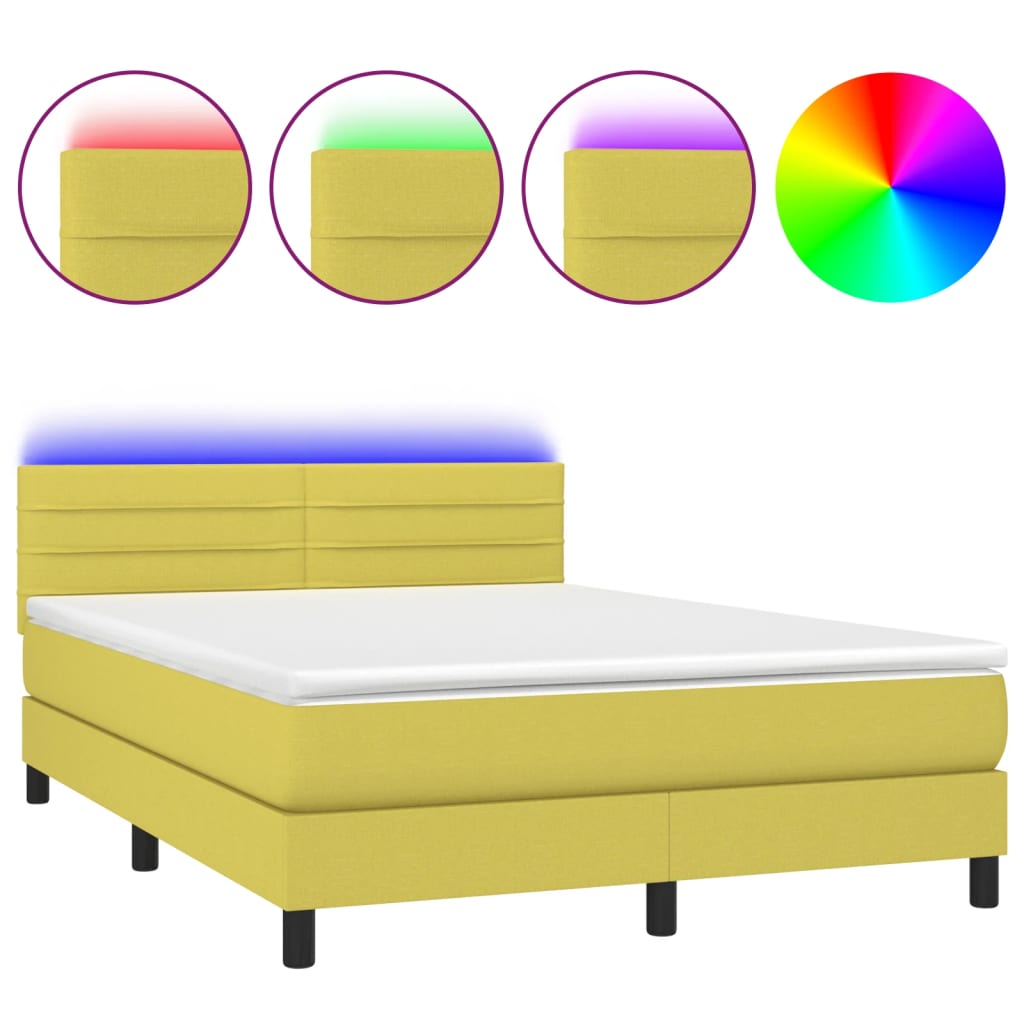 Κρεβάτι Boxspring με Στρώμα & LED Πράσινο 140x200 εκ Υφασμάτινο