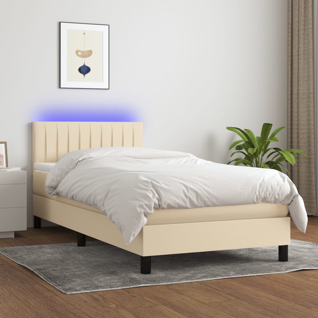 Κρεβάτι Boxspring με Στρώμα & LED Κρεμ 90x190 εκ. Υφασμάτινο - Pakobazaar