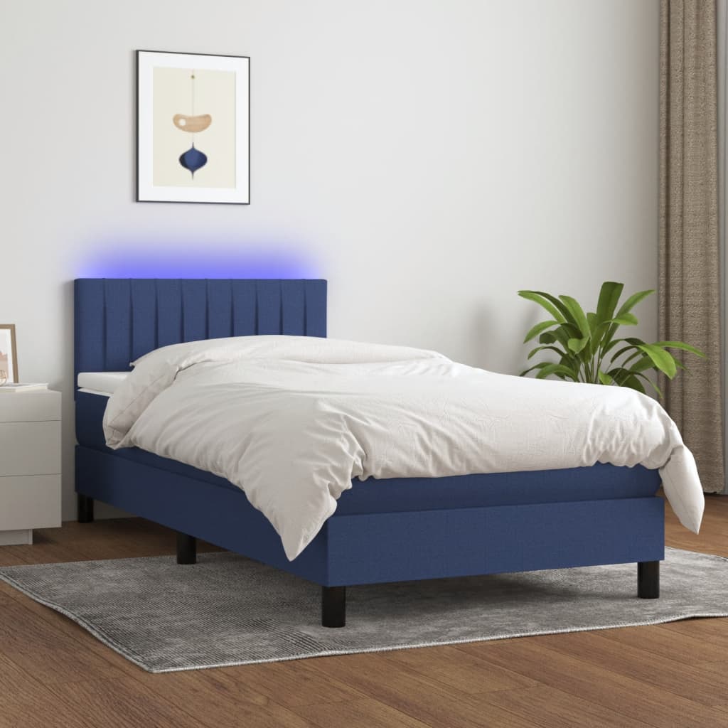 Κρεβάτι Boxspring με Στρώμα & LED Μπλε 90x190 εκ. Υφασμάτινο