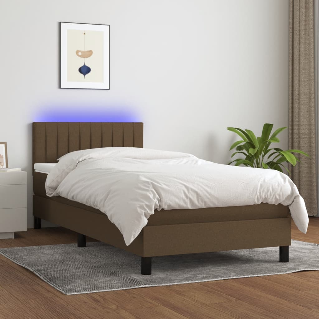 Κρεβάτι Boxspring με Στρώμα & LED Σκ.Καφέ 90x200 εκ. Υφασμάτινο