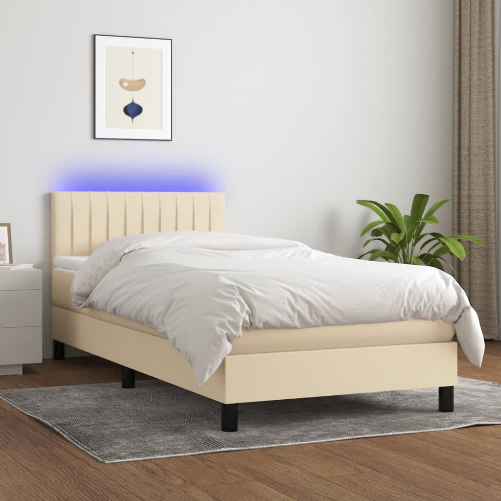 Κρεβάτι Boxspring με Στρώμα & LED Κρεμ 90x200 εκ. Υφασμάτινο