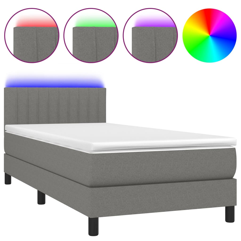 Κρεβάτι Boxspring με Στρώμα & LED Σκ.Γκρι 100x200 εκ Υφασμάτινο
