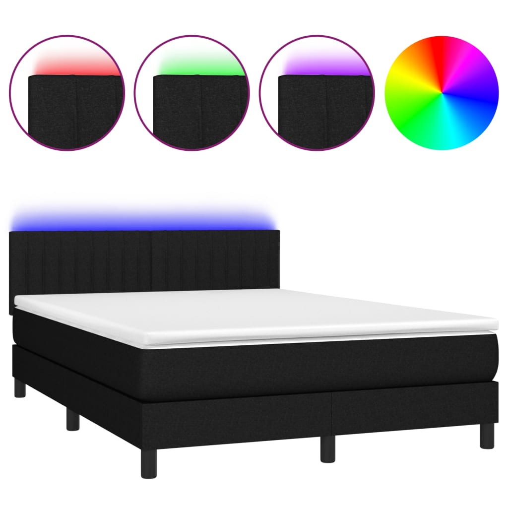 Κρεβάτι Boxspring με Στρώμα & LED Μαύρο 140x190 εκ. Υφασμάτινο