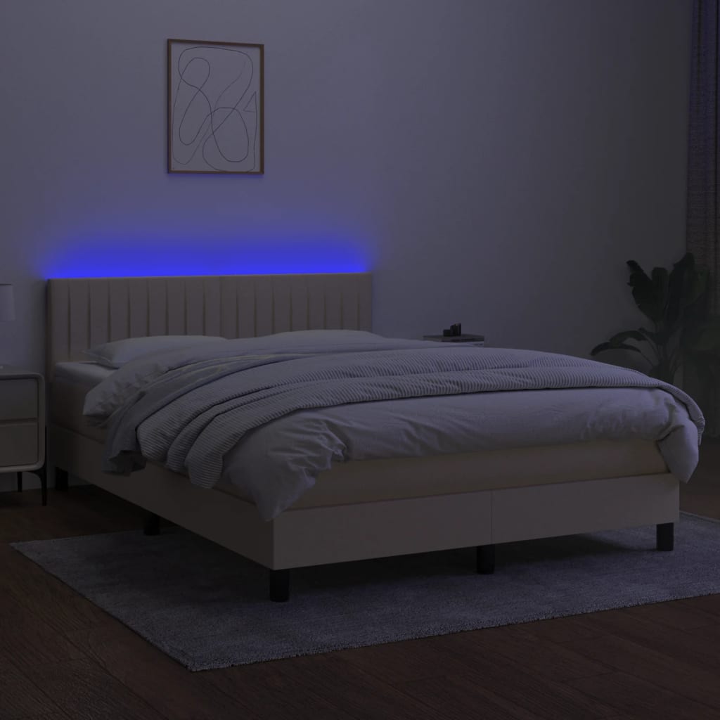 Κρεβάτι Boxspring με Στρώμα & LED Κρεμ 140x200 εκ. Υφασμάτινο