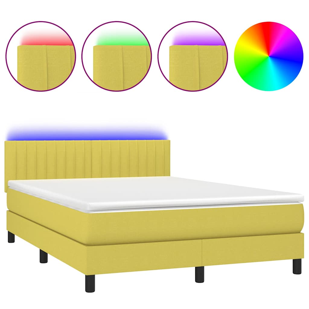 Κρεβάτι Boxspring με Στρώμα & LED Πράσινο 140x200 εκ Υφασμάτινο