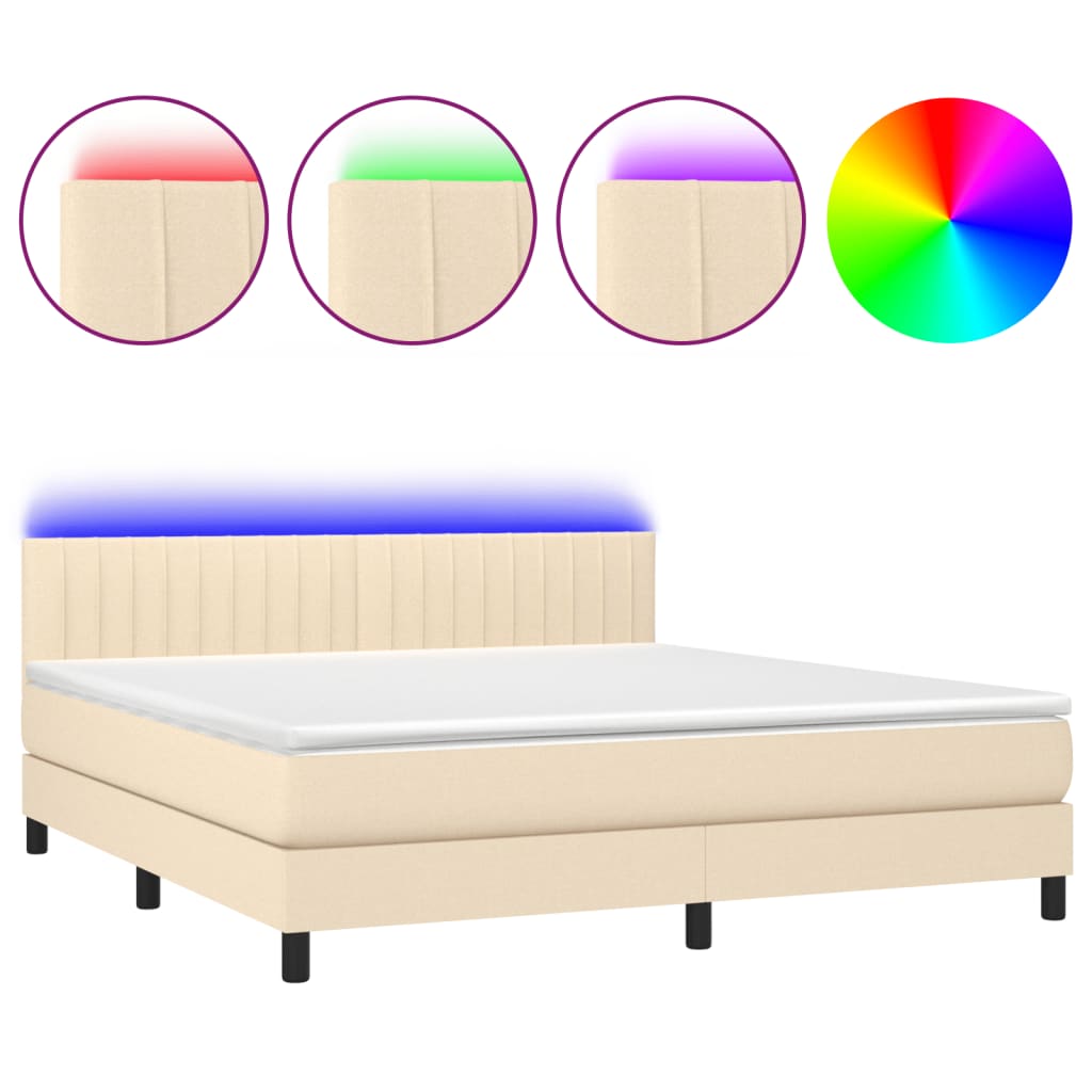 Κρεβάτι Boxspring με Στρώμα & LED Κρεμ 180x200 εκ. Υφασμάτινο