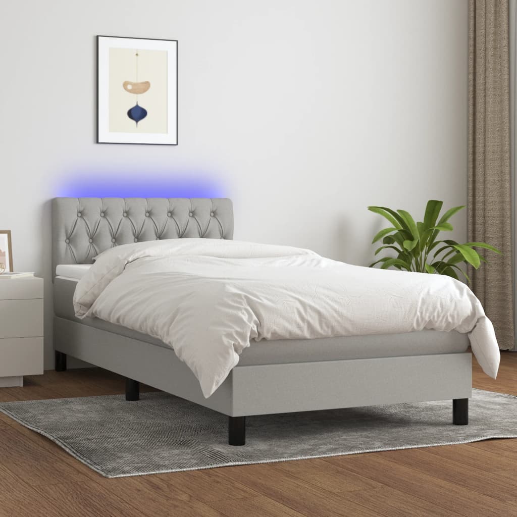 Κρεβάτι Boxspring με Στρώμα & LED Αν.Γκρι 90x190 εκ. Υφασμάτινο
