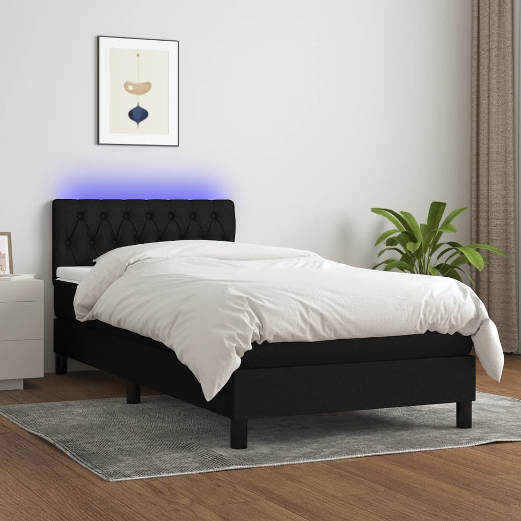 Κρεβάτι Boxspring με Στρώμα & LED Μαύρο 90x190 εκ. Υφασμάτινο - Pakobazaar