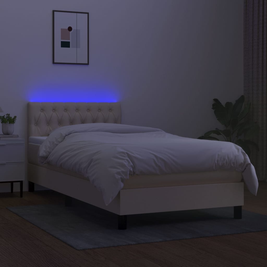 Κρεβάτι Boxspring με Στρώμα & LED Κρεμ 90x190 εκ. Υφασμάτινο