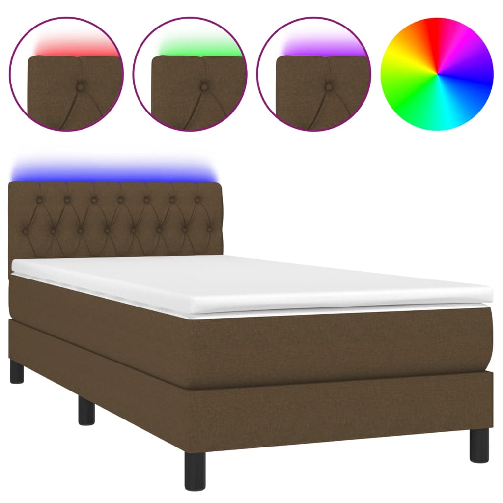 Κρεβάτι Boxspring με Στρώμα & LED Σκ.Καφέ 90x200 εκ. Υφασμάτινο - Pakobazaar