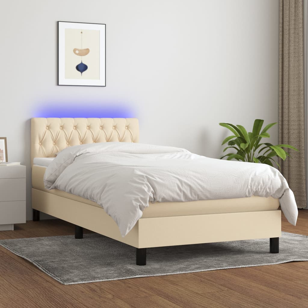 Κρεβάτι Boxspring με Στρώμα & LED Κρεμ 100x200 εκ. Υφασμάτινο