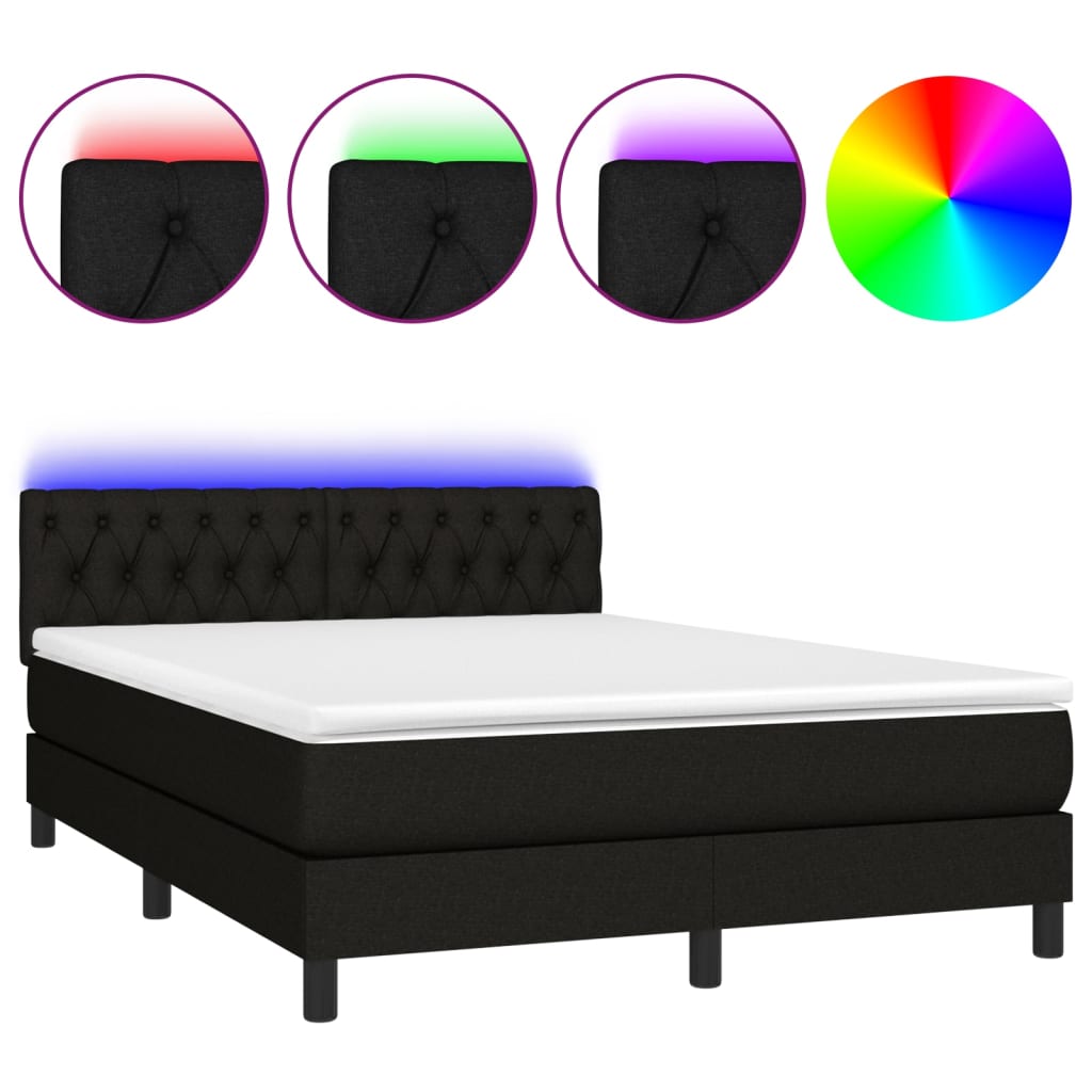 Κρεβάτι Boxspring με Στρώμα & LED Μαύρο 140x190 εκ. Υφασμάτινο