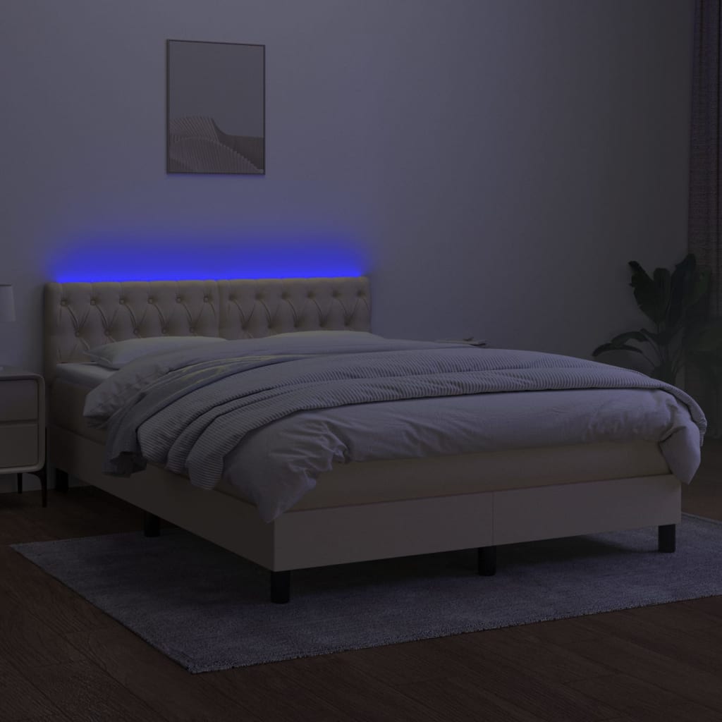 Κρεβάτι Boxspring με Στρώμα & LED Κρεμ 140x200 εκ. Υφασμάτινο