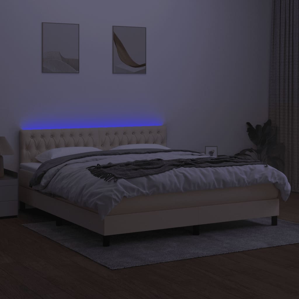 Κρεβάτι Boxspring με Στρώμα & LED Κρεμ 160x200 εκ. Υφασμάτινο