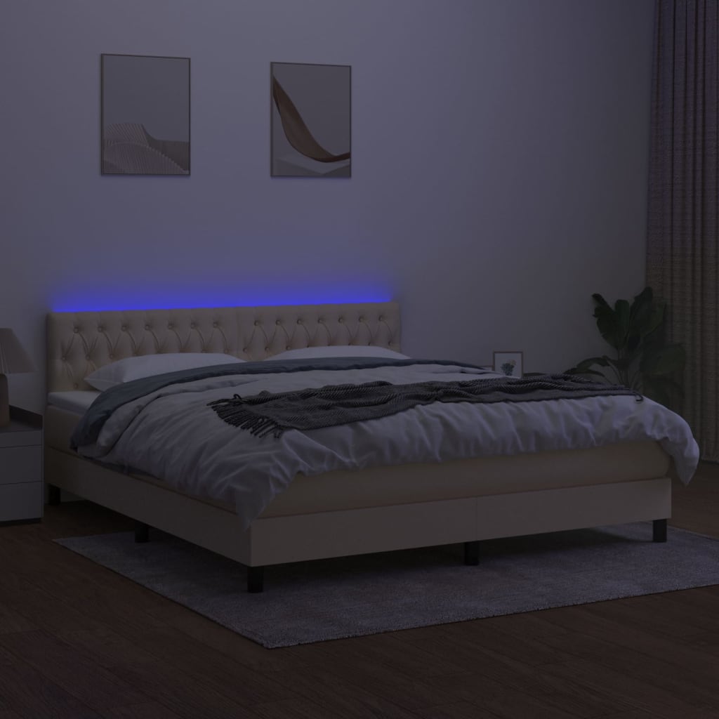 Κρεβάτι Boxspring με Στρώμα & LED Κρεμ 180x200 εκ. Υφασμάτινο