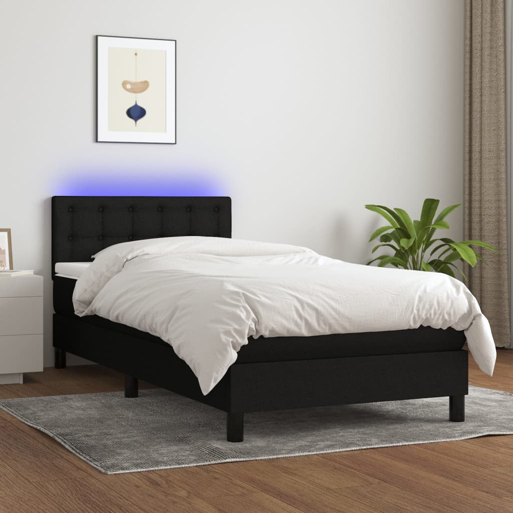 Κρεβάτι Boxspring με Στρώμα & LED Μαύρο 90x190 εκ. Υφασμάτινο - Pakobazaar