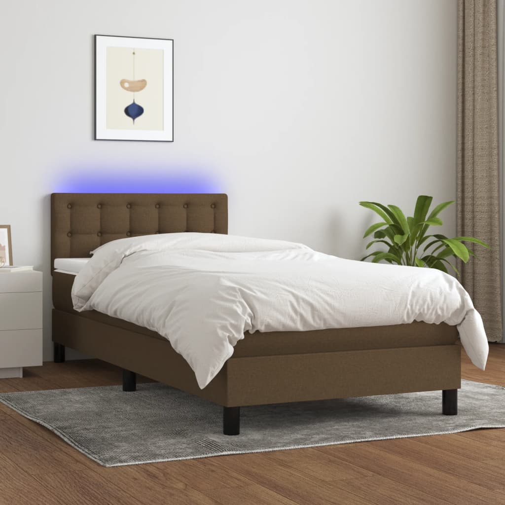 Κρεβάτι Boxspring με Στρώμα & LED Σκ.Καφέ 90x190 εκ. Υφασμάτινο