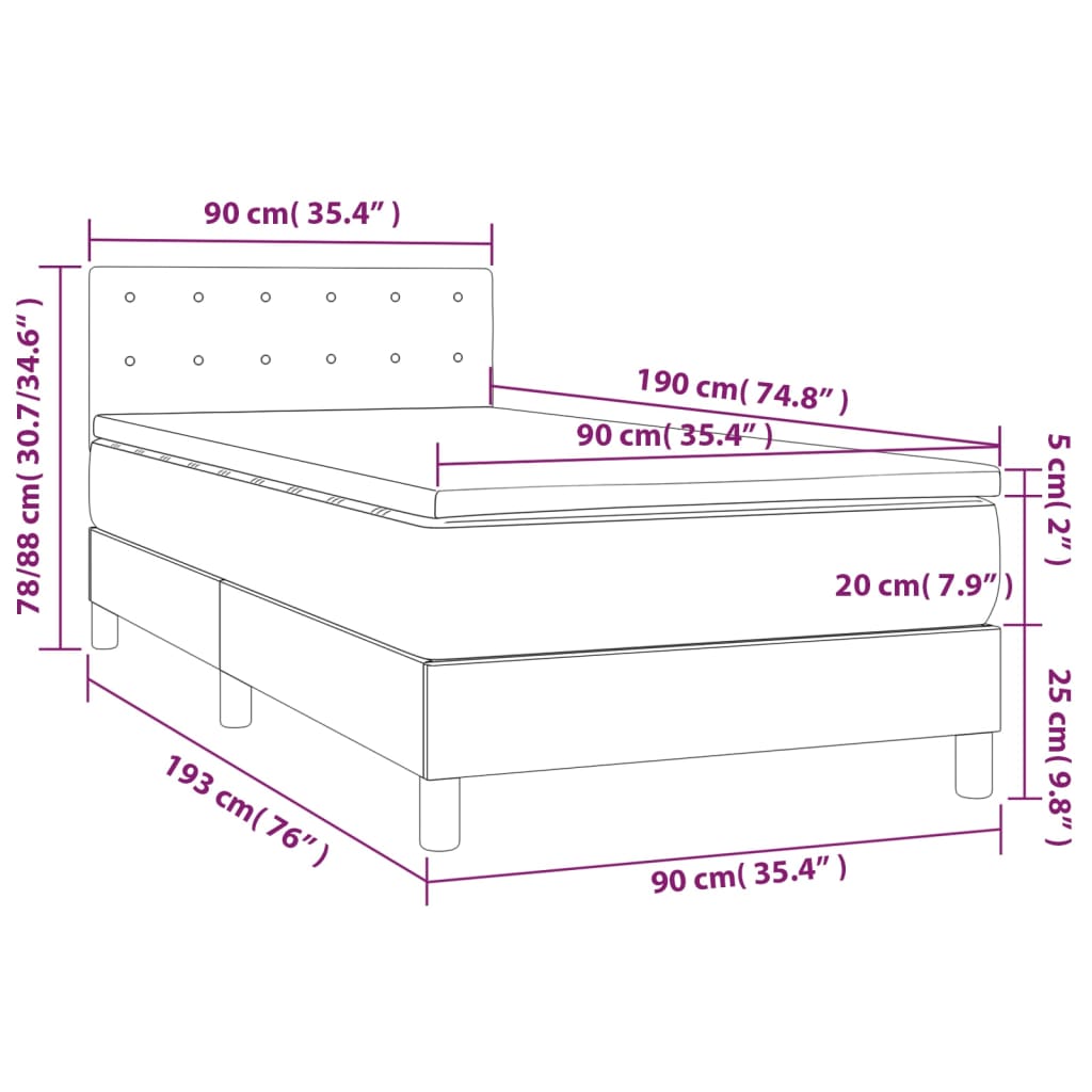 Κρεβάτι Boxspring με Στρώμα & LED Κρεμ 90x190 εκ. Υφασμάτινο