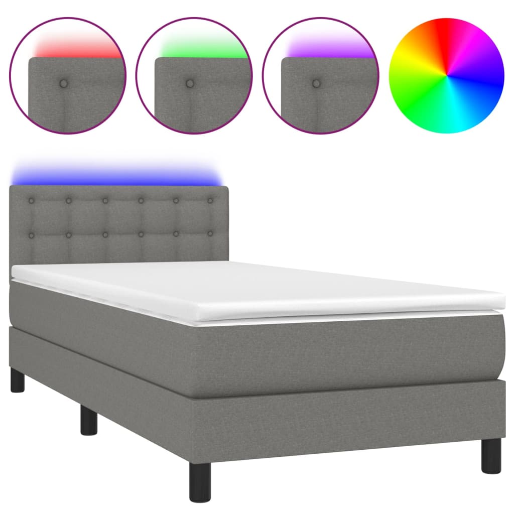Κρεβάτι Boxspring με Στρώμα & LED Σκ.Γκρι 90x200 εκ. Υφασμάτινο