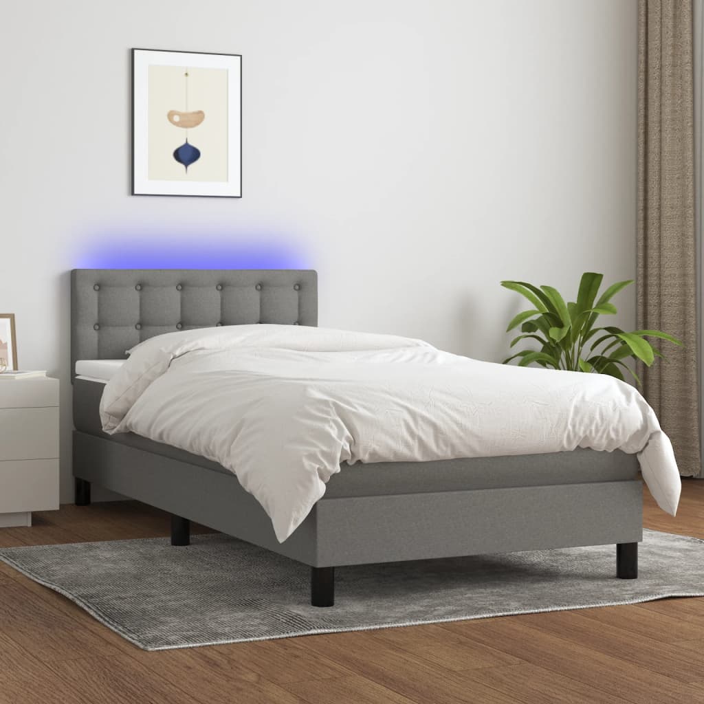 Κρεβάτι Boxspring με Στρώμα & LED Σκ.Γκρι 100x200 εκ Υφασμάτινο