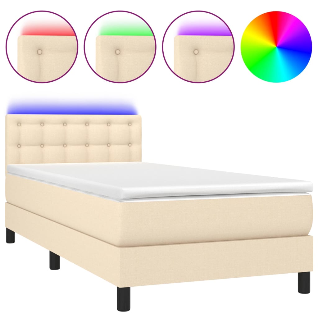 Κρεβάτι Boxspring με Στρώμα & LED Κρεμ 100x200 εκ. Υφασμάτινο
