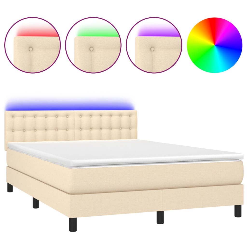 Κρεβάτι Boxspring με Στρώμα & LED Κρεμ 140x190 εκ. Υφασμάτινο - Pakobazaar