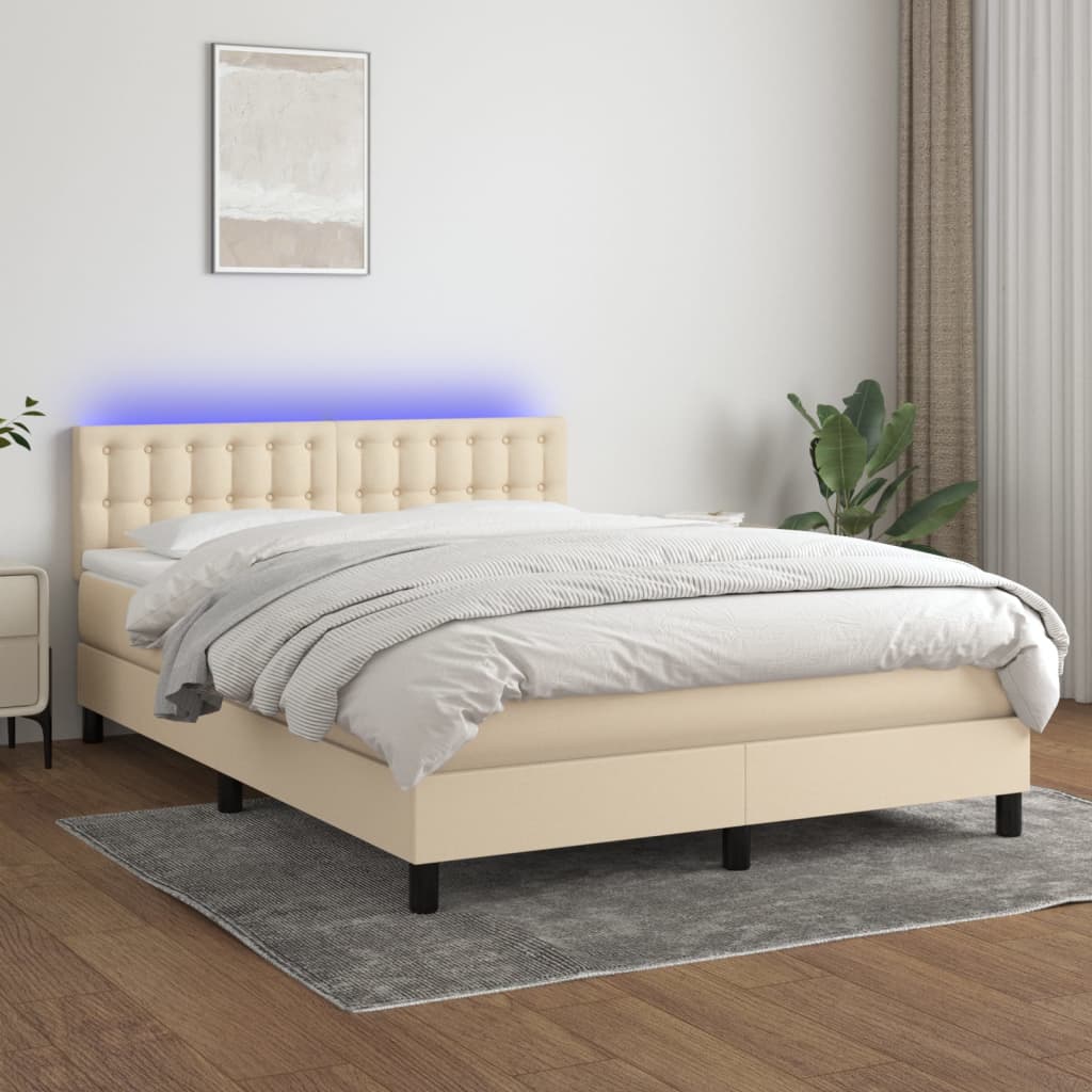 Κρεβάτι Boxspring με Στρώμα & LED Κρεμ 140x190 εκ. Υφασμάτινο - Pakobazaar