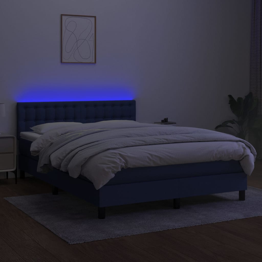 Κρεβάτι Boxspring με Στρώμα & LED Μπλε 140x190 εκ. Υφασμάτινο - Pakobazaar