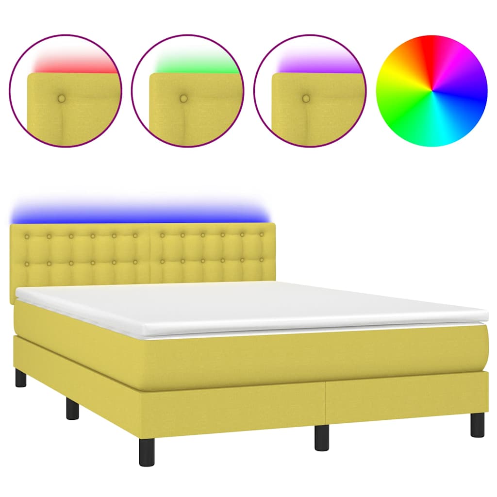 Κρεβάτι Boxspring με Στρώμα & LED Πράσινο 140x190 εκ Υφασμάτινο